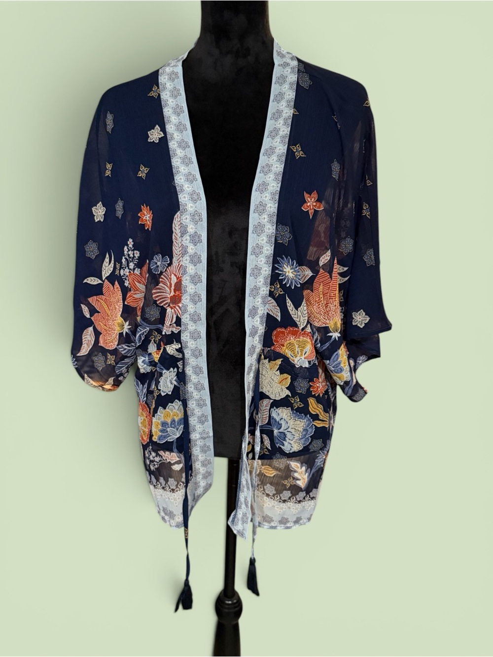 Vince Camuto Navy Floral Kimono with Orange & Blue Accents